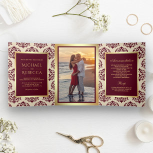 Faux Gold Foil Burgundy Damask Wedding Photo Tri-Fold Invitation