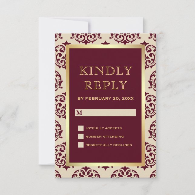 Faux Gold Foil Burgundy Damask Wedding RSVP Card (Front)