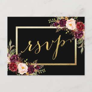 Faux Gold Foil Burgundy Floral Black Wedding RSVP Postcard