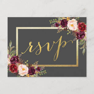 Faux Gold Foil Burgundy Floral Grey Wedding RSVP Postcard