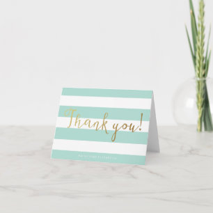Faux Gold Foil Calligraphy Teal & White Stripes Thank You Card