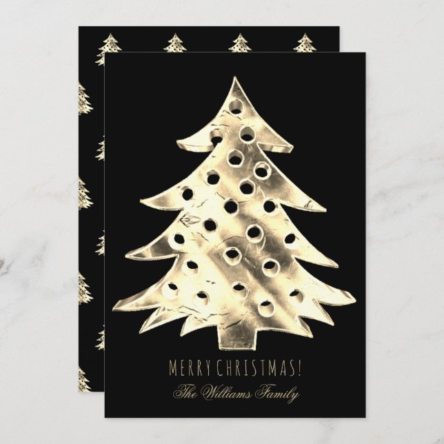Faux Gold Foil Christmas Tree Modern Elegant Black Invitation (Front/Back)