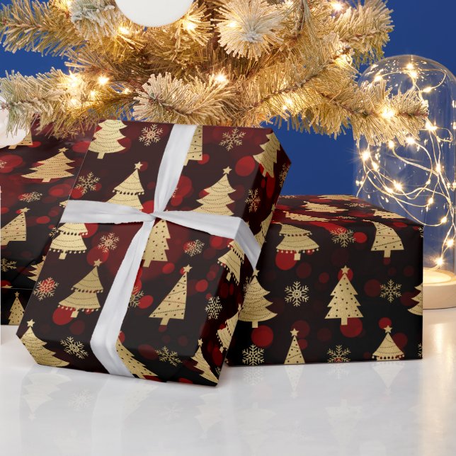 Faux Gold Foil Christmas Trees & red bokeh Wrapping Paper (Holidays)