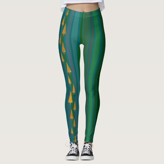 Faux Gold Foil Christmas Trees w/ Green Stripes Leggings (Front)