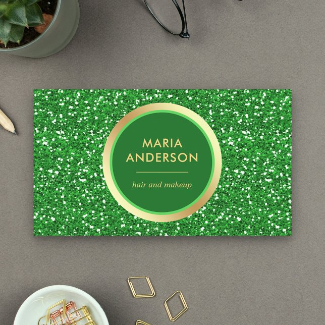 Faux Gold Foil Circle Green Glitter Makeup Artist Business Card (Creator Uploaded)