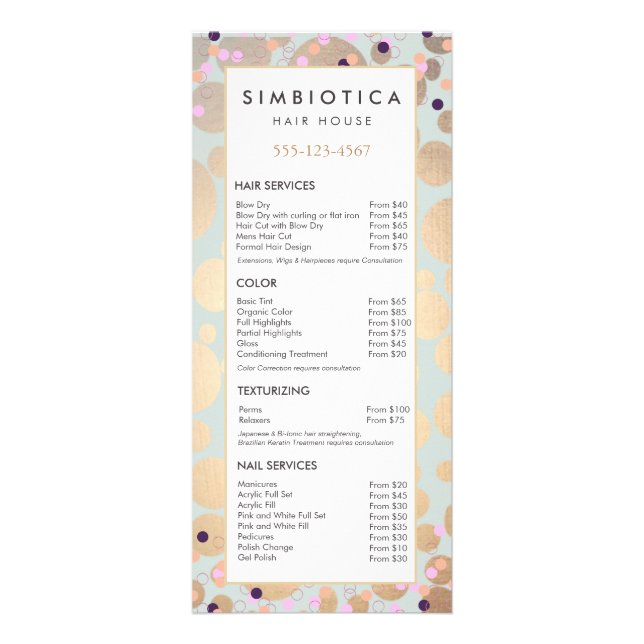 Faux Gold Foil Circles Confetti Salon Service Menu (Front)