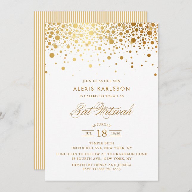 Faux Gold Foil Confetti Bat Mitzvah Invitation (Front/Back)