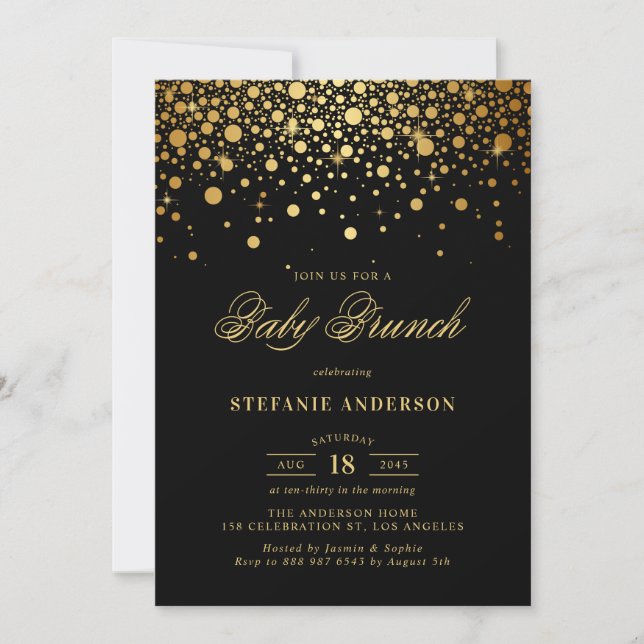 Faux Gold Foil Confetti Black Baby Brunch Invitation (Front)