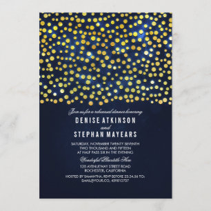 Faux Gold Foil Confetti Blue Rehearsal Dinner Invitation