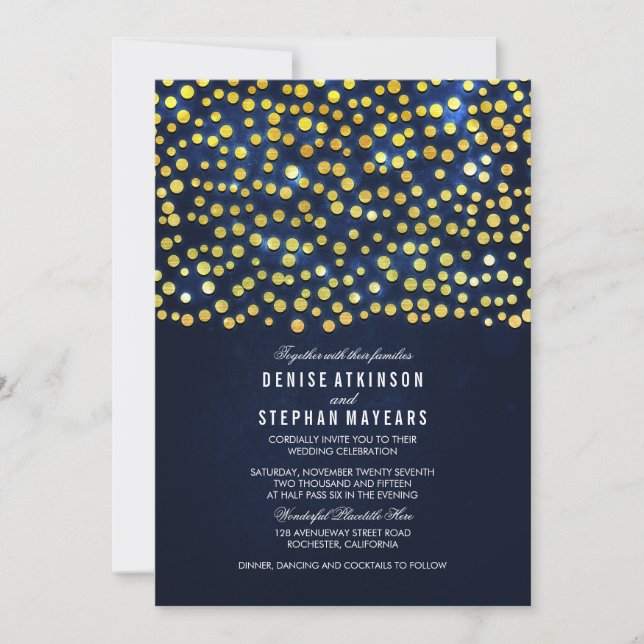 Faux Gold Foil Confetti Blue Wedding Invitation (Front)
