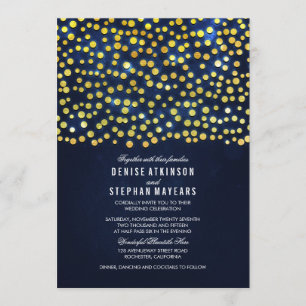 Faux Gold Foil Confetti Blue Wedding Invitation