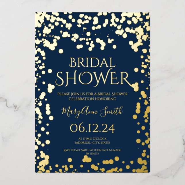 Faux Gold Foil Confetti Bridal Shower Navy Blue (Front)