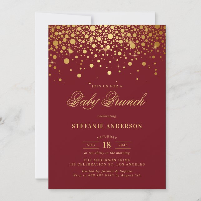 Faux Gold Foil Confetti Burgundy Baby Brunch Invitation (Front)