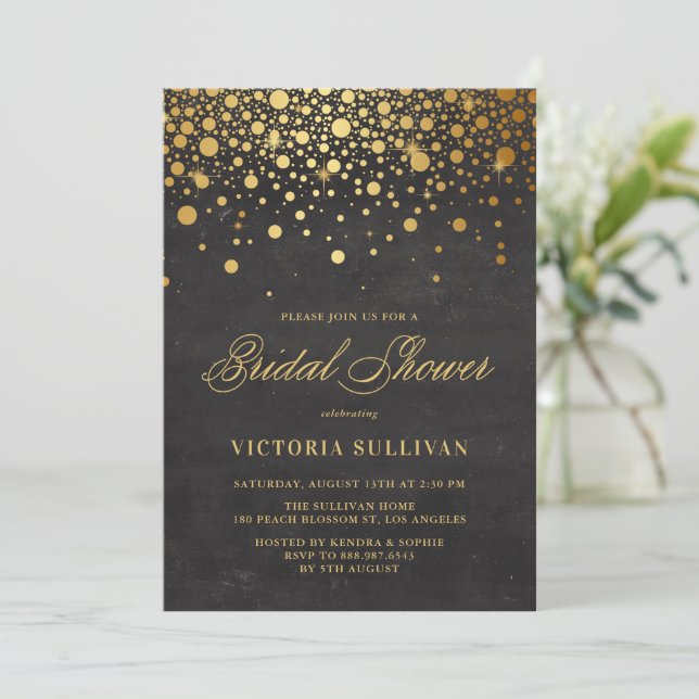 Faux Gold Foil Confetti Chalkboard Bridal Shower Invitation (Standing Front)