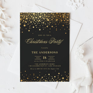 Faux Gold Foil Confetti Christmas Party   Black Invitation