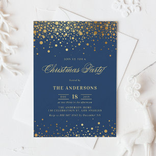 Faux Gold Foil Confetti Christmas Party   Blue Invitation