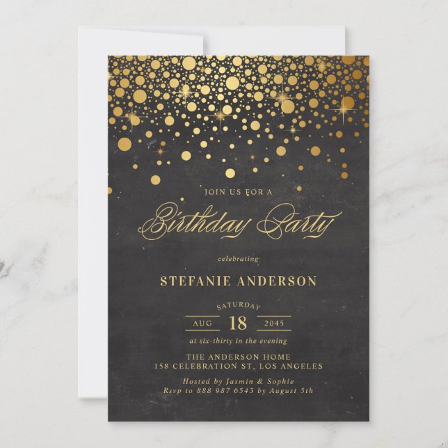 Faux Gold Foil Confetti Dots Black Birthday Invitation (Front)