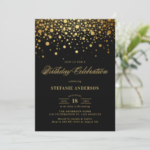 Faux Gold Foil Confetti Dots Black Birthday Invitation