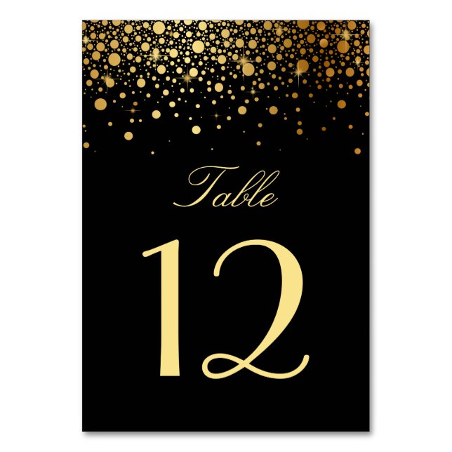 Faux Gold Foil Confetti Dots Black Table Number (Front)