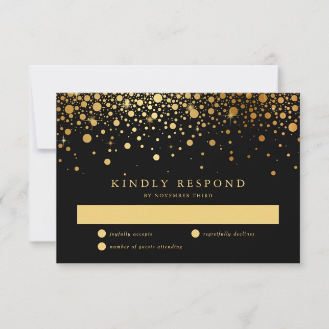 Faux Gold Foil Confetti Dots Black Wedding RSVP Card (Front)