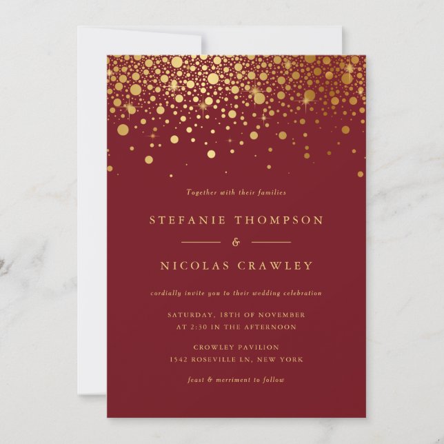 Faux Gold Foil Confetti Dots Burgundy Wedding Invitation (Front)