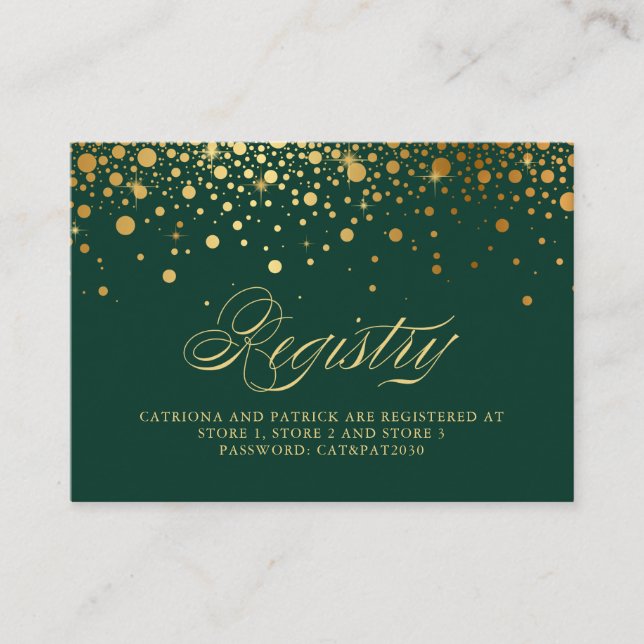 Faux Gold Foil Confetti Dots Green Registry Card (Front)