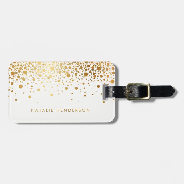 Faux Gold Foil Confetti Dots Personalised Luggage Tag (Front Horizontal)