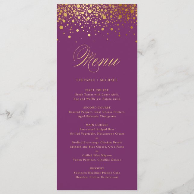 Faux Gold Foil Confetti Dots Purple Menu (Front)