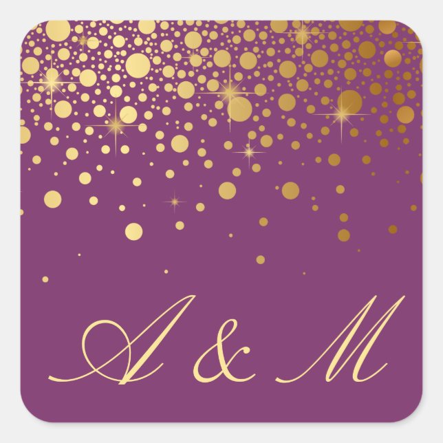 Faux Gold Foil Confetti Dots Purple Monogram Square Sticker (Front)