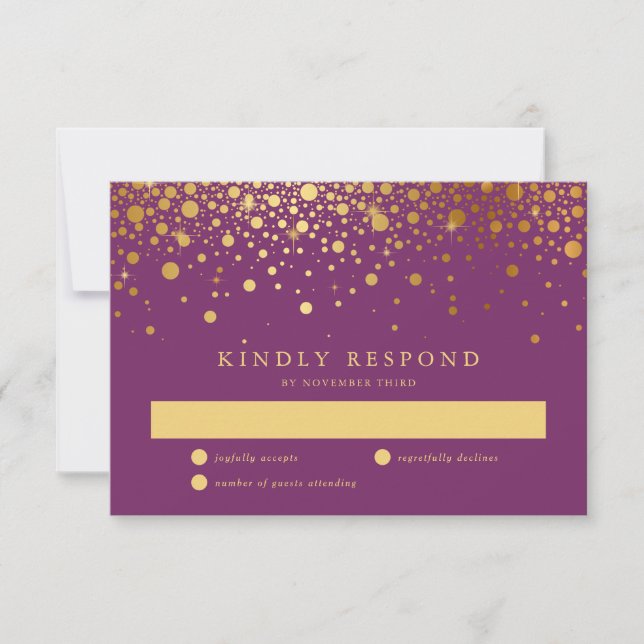 Faux Gold Foil Confetti Dots Purple RSVP Card (Front)