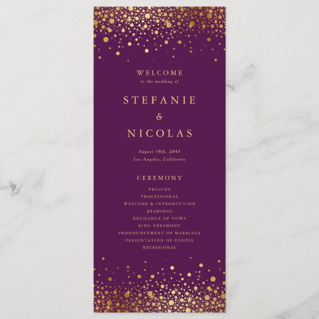 Faux Gold Foil Confetti Dots Purple Wedding Program (Front)