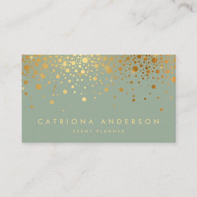Faux Gold Foil Confetti Dots Sage Green Business Card (Front)