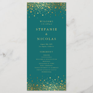 Faux Gold Foil Confetti Dots Teal Wedding Program