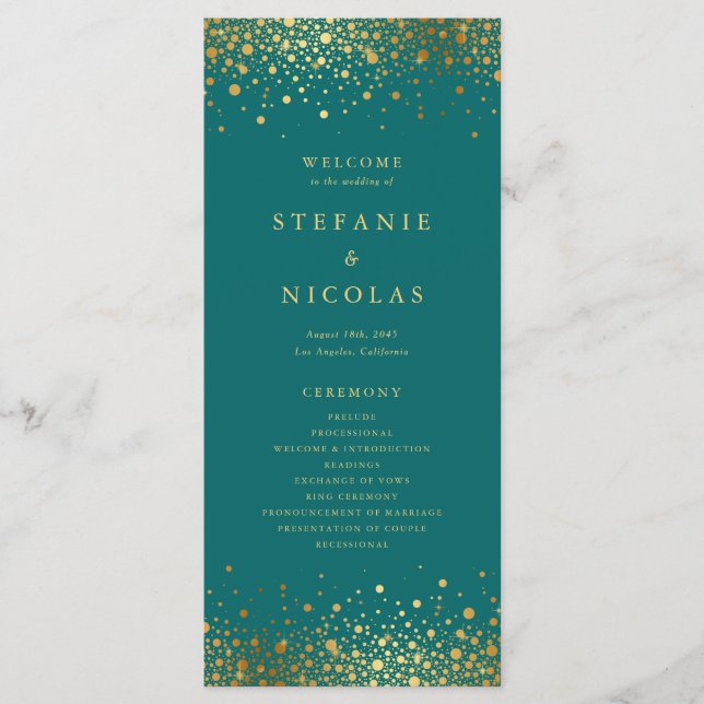 Faux Gold Foil Confetti Dots Teal Wedding Program (Front)