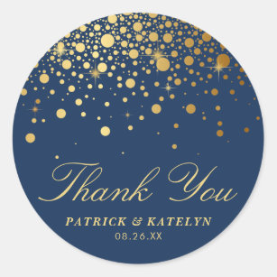 Faux Gold Foil Confetti Dots Thank You   Navy Blue Classic Round Sticker