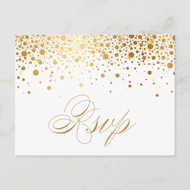 Faux Gold Foil Confetti Dots Wedding RSVP Postcard (Front)