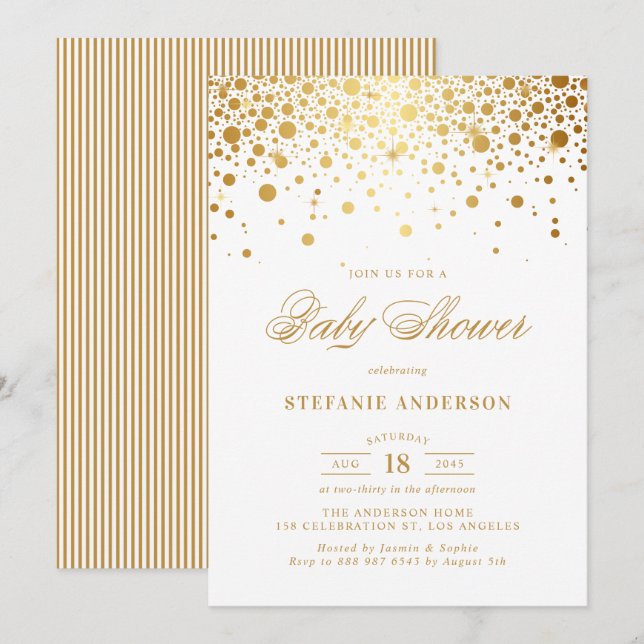 Faux Gold Foil Confetti Dots White Baby Shower Invitation (Front/Back)