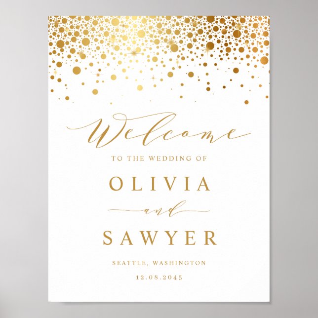 Faux Gold Foil Confetti Dots White Wedding Welcome Poster (Front)