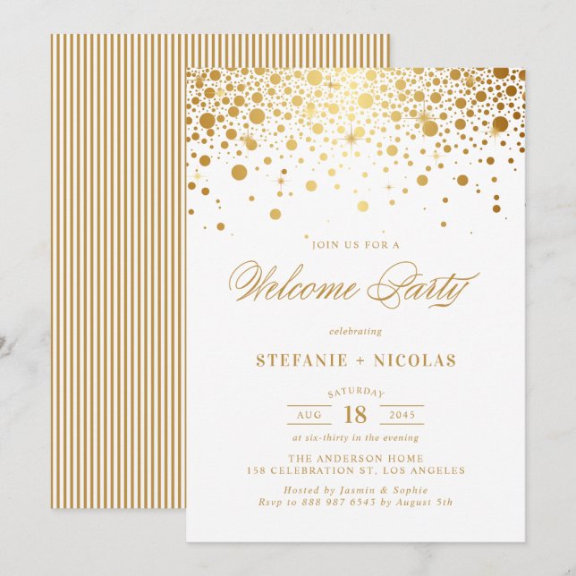 Faux Gold Foil Confetti Dots White Welcome Party Invitation (Front/Back)