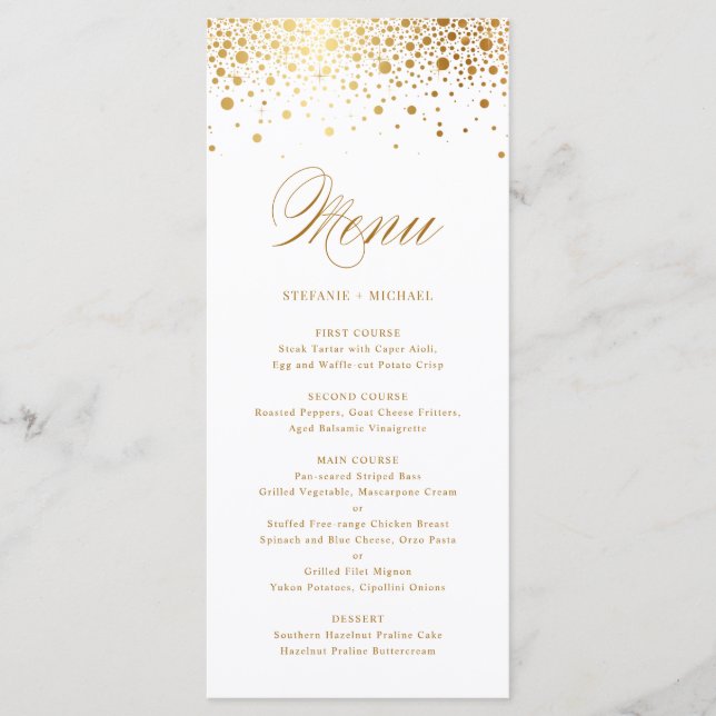 Faux Gold Foil Confetti Elegant Wedding Menu Card (Front)