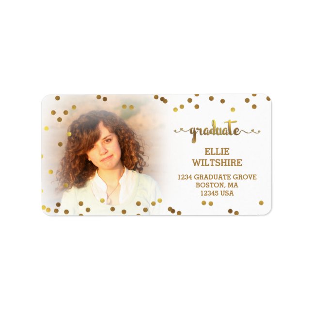 Faux Gold Foil Confetti Graduation Photo Label (Front)