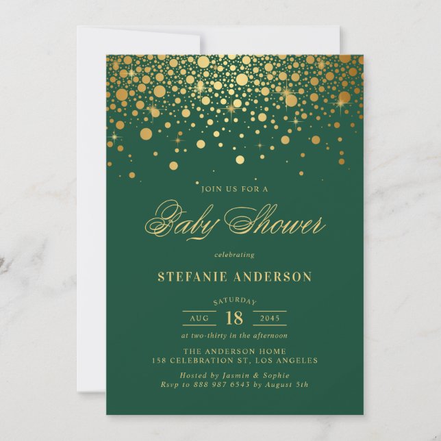 Faux Gold Foil Confetti Green Baby Shower Invitation (Front)