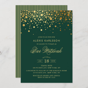 Faux Gold Foil Confetti Green Bar Mitzvah Invitation