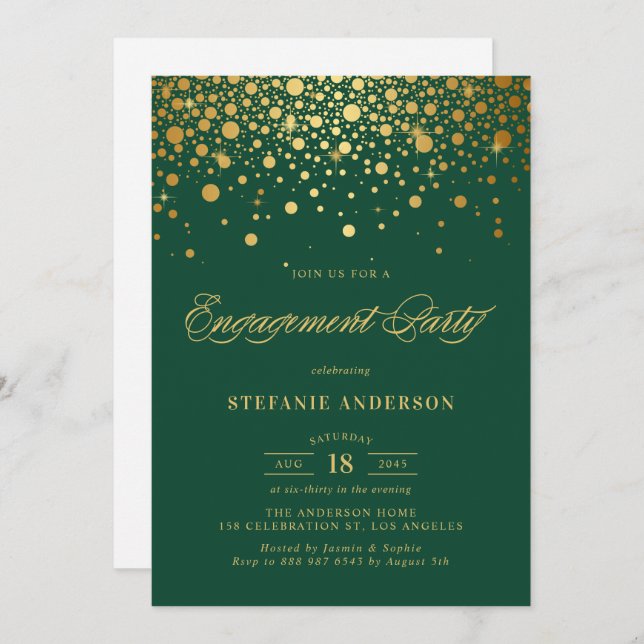 Faux Gold Foil Confetti Green Engagement Party Invitation (Front/Back)