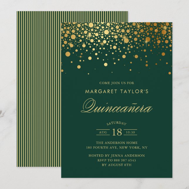 Faux Gold Foil Confetti Green Quinceañera Invitation (Front/Back)