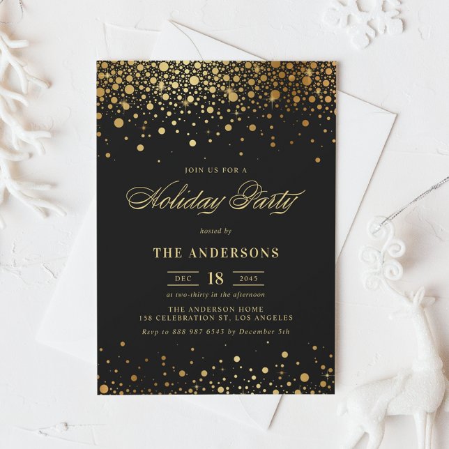 Faux Gold Foil Confetti Holiday Party | Black Invitation (Creator Uploaded)