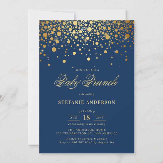 Faux Gold Foil Confetti Navy Blue Baby Brunch Invitation (Front)