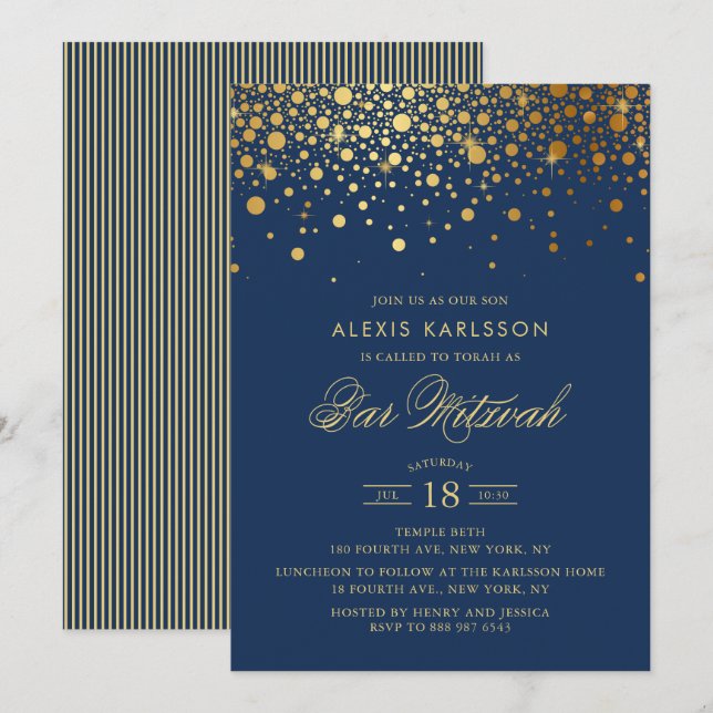 Faux Gold Foil Confetti Navy Blue Bar Mitzvah Invitation (Front/Back)