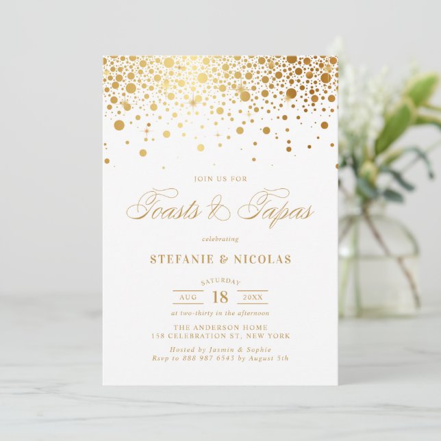 Faux Gold Foil Confetti White Toasts and Tapas Invitation (Standing Front)