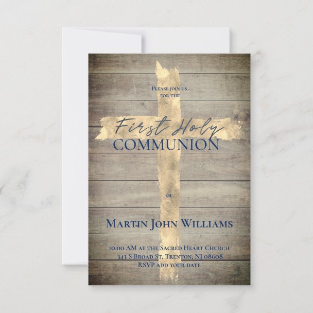 Faux gold foil cross on wood First Communion Invitation (Front)